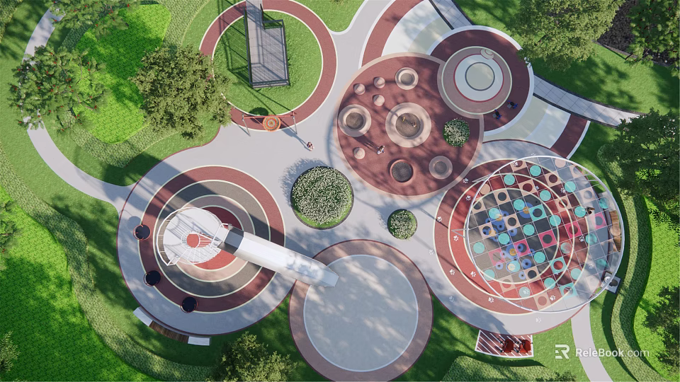 Children's Playground with Circular Play Areas Colorful Squares Walking Paths and Green Plants 3d model 