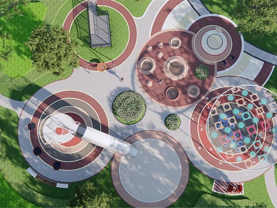 Children's Playground with Circular Play Areas Colorful Squares Walking Paths and Green Plants 3d model