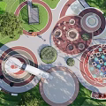 Children's Playground with Circular Play Areas Colorful Squares Walking Paths and Green Plants