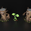 Cartoon Bush Stumps With Scary Faces And Small Green Plant On Black Background