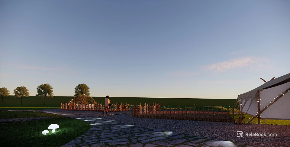 Tranquil Outdoor Garden Scene With Stone Path Wooden Fence Trees Person And Evening Light 3d model 