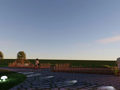 Tranquil Outdoor Garden Scene With Stone Path Wooden Fence Trees Person And Evening Light 3d model