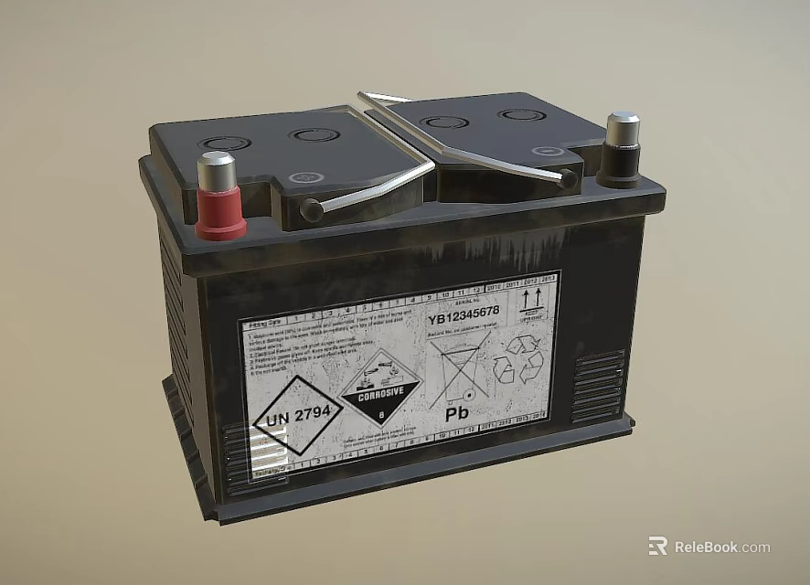 Lead Acid Battery With Red Silver Terminals And Recycling Warning Labels 3d model 