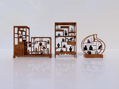 Traditional Wooden Bogu Shelves With Intricate Carvings Displaying Vintage Antiques And Ornaments 3d model