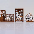 Traditional Wooden Bogu Shelves With Intricate Carvings Displaying Vintage Antiques And Ornaments