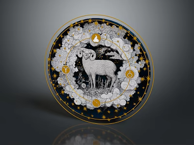 Intricate Circular Sculpture Carving Featuring Ram Stars Clouds And Golden Border 3d model