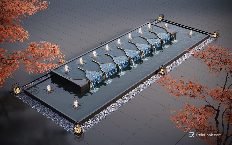 Illuminated Water Fountain with Red Maple Leaves Flowing Water and Gray Stone Tile Floor 3d model 