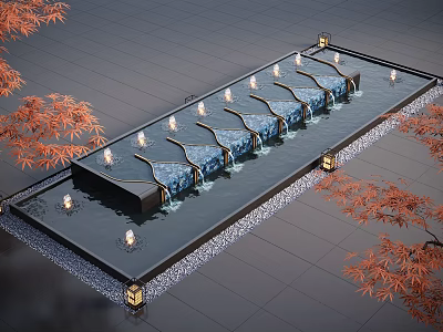 Illuminated Water Fountain with Red Maple Leaves Flowing Water and Gray Stone Tile Floor 3d model