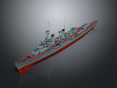 3D Warship Model with Gray Upper Hull Red Bottom Turrets Chimneys and Deck Details 3d model