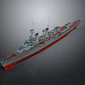 3D Warship Model with Gray Upper Hull Red Bottom Turrets Chimneys and Deck Details