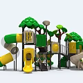 Colorful Playground Equipment with Green Yellow Slides and Tree Shaped Structures 3d model