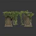 Decorative Stone Pillars Covered With Lush Green Vines And Small Plants