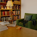 Wooden Bookcase In Home Study With Shelves Filled With Books And Decorative Items