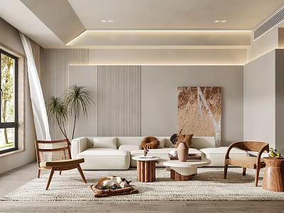 Elegant Modern Living Room Interior With Beige Sofa Wooden Armchairs And Abstract Painting 3d model