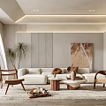 Elegant Modern Living Room Interior With Beige Sofa Wooden Armchairs And Abstract Painting