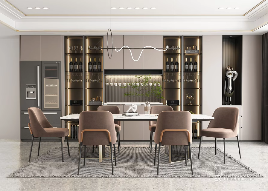 Elegant Modern Restaurant Interior With Dining Table Wine Racks And Pendant Lights 3d model