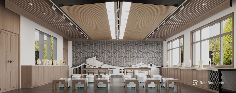 School Dining Hall Interior With Traditional Wall Art And Wooden Furniture 3d model 