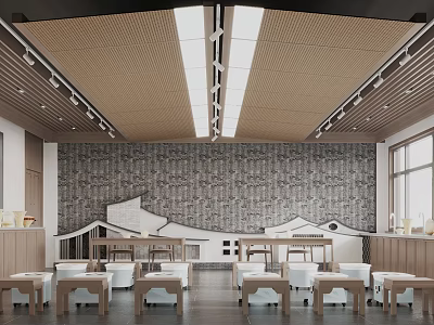 School Dining Hall Interior With Traditional Wall Art And Wooden Furniture 3d model