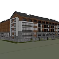 Multi Story Modern Hotel Building With Traditional Roof Design Wooden Panel And Stone Wall