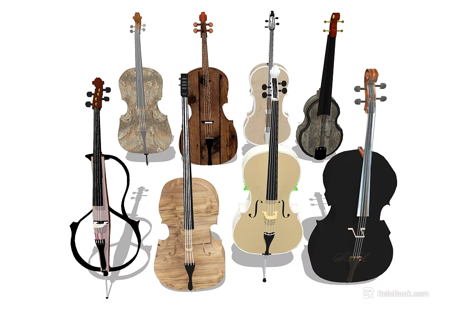 Diverse Musical Instruments and Painting Tools Featuring Wooden Designs and Art Supplies 3d model 