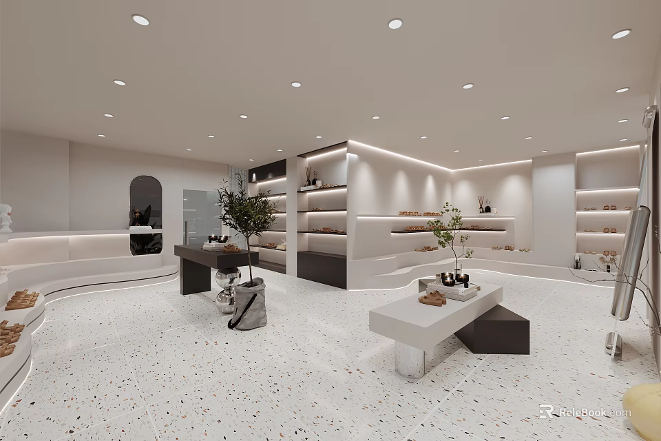 Modern Boutique Store Interior Design With White Display Tables Shelves Green Plants And Terrazzo Floor 3d model 
