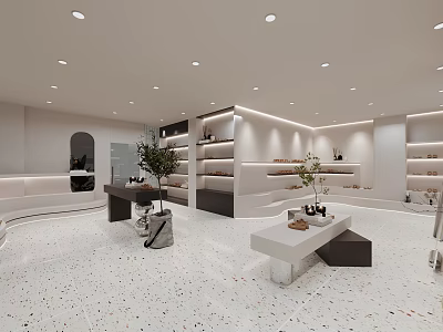 Modern Boutique Store Interior Design With White Display Tables Shelves Green Plants And Terrazzo Floor 3d model