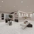Modern Boutique Store Interior Design With White Display Tables Shelves Green Plants And Terrazzo Floor