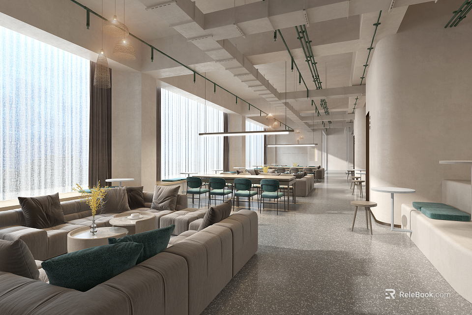 Modern Open Layout Co-working Space Interior With Comfortable Sofas Dining Tables And Pendant Lights 3d model 