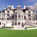 Luxury Detached Villa European Architecture with Towers Balconies Lush Trees and Lawn