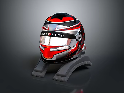 Car Racing Helmet ASTELIER Red Black Silver Design On Stand 3d model