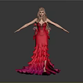 Woman with Long Golden Hair in Red Layered Dress Arms Outstretched on Shiny Floor