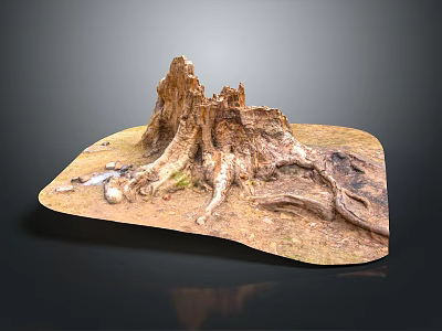 Natural Wood And Stone Decorative Stump Featuring Exposed Roots And Rough Texture 3d model