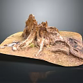 Natural Wood And Stone Decorative Stump Featuring Exposed Roots And Rough Texture