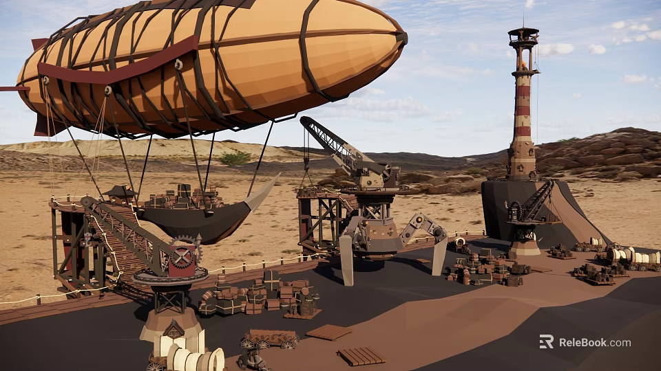 Vintage Cargo Ship with Zeppelin Lighthouse and Crane in Desert Landscape 3d model 