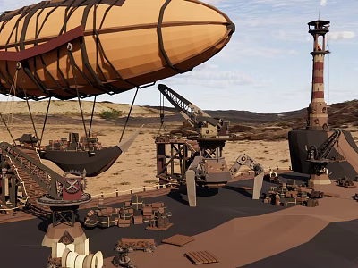 Vintage Cargo Ship with Zeppelin Lighthouse and Crane in Desert Landscape 3d model