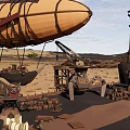 Vintage Cargo Ship with Zeppelin Lighthouse and Crane in Desert Landscape