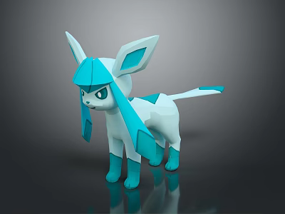 Game Anime Character Glaceon 3D Model With Blue White Geometric Design And Ears Tail Features 3d model