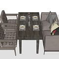 Rustic Wooden Dining Table Set With Upholstered Chairs Gray Sofa And Throw Pillows 3d model