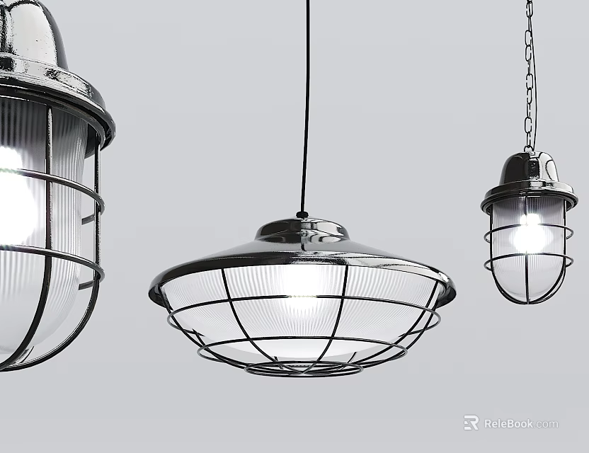 Modern Silver Metal Pendant Lights With Grid Like Shades And Illuminated Design 3d model 