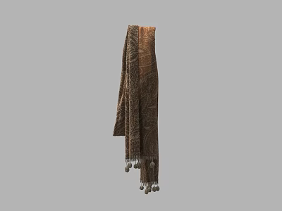 Brown Patterned Scarf With Intricate Design And Hanging Tassels 3d model