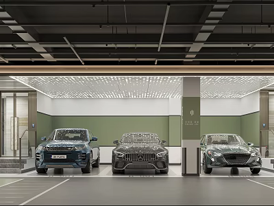Modern Spacious Parking Garage Interior With Three Parked Cars And Bright Lights 3d model