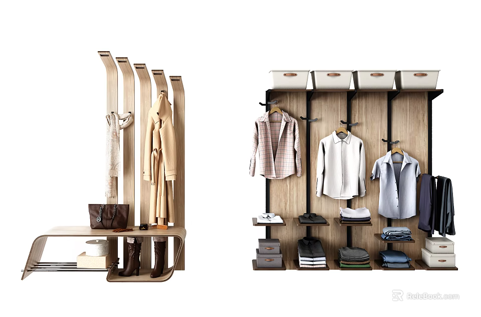 Modern Standing And Wall Mounted Wooden Clothes Racks With Coats Shirts And Storage Boxes 3d model 