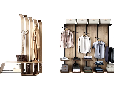 Modern Standing And Wall Mounted Wooden Clothes Racks With Coats Shirts And Storage Boxes 3d model