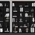 Black Display Cabinets Interior With Glass Doors Books Figurines Sculptures And Green Plants