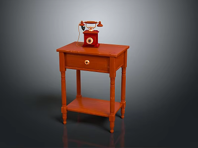 Vintage Red Electronic Telephone with Dial and Receiver on Wooden Side Table with Drawer 3d model