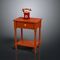 Vintage Red Electronic Telephone with Dial and Receiver on Wooden Side Table with Drawer