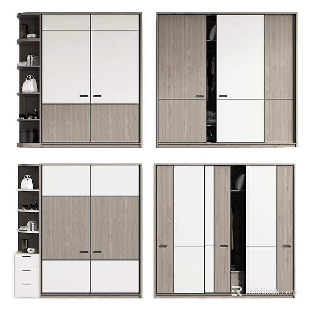 Modern Wardrobe Design With Wooden Panels White Fronts Mirror Doors And Storage 3d model 