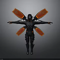 Futuristic Black Armored Character With Red Glowing Wings And Extended Arms