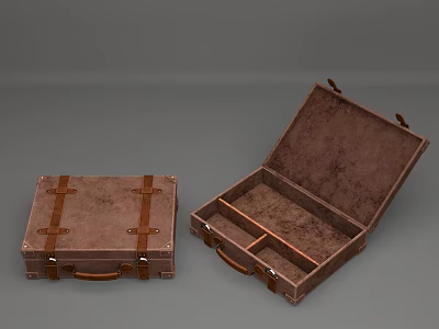 Vintage Brown Leather Suitcases One Closed And One Open With Internal Divided Compartments And Straps 3d model