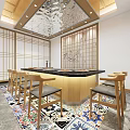 Elegant Traditional Private Dining Room Interior With Wooden Lattice Walls Golden Ceiling And Colorful Carpet